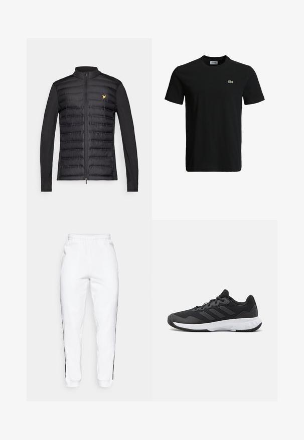 Black jacket featuring a padded front with horizontal stitching, smooth black sleeves, and a gold logo on the left chest. Zippered front closure.; Black cotton t-shirt with a crew neck, short sleeves, and a small green crocodile logo on the left chest. Smooth texture, casual design.; White sweatpants with elastic waistband, featuring black side stripes and cuffs. Made from soft fabric with a smooth texture.; Black athletic shoe featuring a textured upper, three horizontal stripes, and a white sole with a patterned tread. Lightweight and streamlined design.