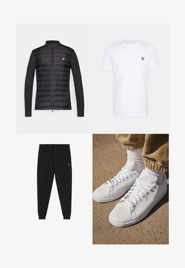 Sort jakke med polstret front og horisontale syninger, glatte sorte ærmer og et gyldent logo på venstre bryst. Lynlåslukning foran.; Hvid bomulds T-shirt med et lille sort og gult broderet logo på venstre bryst. Korte ærmer og rund halsudskæring.; Sorte joggerbukser med elastisk taljebånd og snøre, afsmalnende ben med manchetter og lille gul broderet logo på højre lår.; Hvide lædersneakers med en glat overflade, der har et klassisk snørebånddesign, perforeringer for åndbarhed og en tekstureret gummisål.