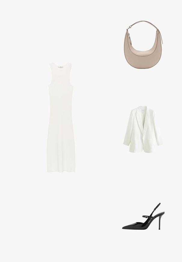 White linen blazer with a notch lapel, single-button closure, and two front pockets. Features a slightly oversized fit and long sleeves.; White, sleeveless, ribbed knit dress with a fitted silhouette, reaching below the knees. Simple and minimalist design, without patterns or hardware.; Black patent leather slingback high heels with a pointed toe, adjustable strap, and stiletto heel. Smooth surface with shiny finish.; Beige leather shoulder bag with a crescent shape, smooth texture, and a single curved handle. Features a zip closure and neat stitching.