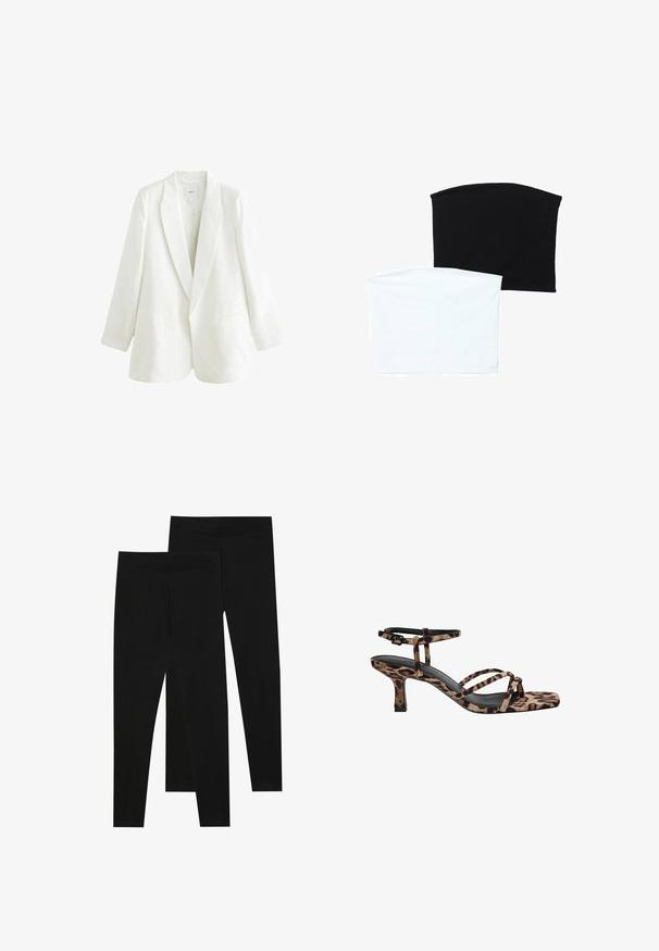Blazer bianco in lino con rever a taglio, chiusura a un bottone e due tasche frontali. Presenta una vestibilità leggermente over e maniche lunghe.; Due sciarpe a tubo senza soluzione di continuità: una nera e una bianca. Entrambe sono realizzate in tessuto morbido e elastico e presentano una texture liscia senza motivi.; Leggings neri realizzati in tessuto elastico, con una vita senza cuciture e un design slim fit, adatti per l'abbigliamento casual o per l'esercizio.; Sandali con tacco in stampa leopardata, con punta quadrata, multiple cinghie e un tacco di altezza media. Realizzati in morbido materiale tessile.