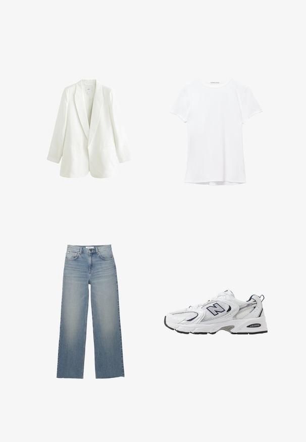 Blazer bianco in lino con rever a taglio, chiusura a un bottone e due tasche frontali. Presenta una vestibilità leggermente over e maniche lunghe.; T-shirt bianco a maniche corte realizzato in tessuto liscio, caratterizzato da un colletto rotondo e dettagli di cucitura discreti all'orlo.; Jeans a gamba larga di un azzurro chiaro, realizzati in denim, con vita alta, tasche frontali e chiusura con bottone. Texture liscia con zone sbiadite.; Scarpa sportiva bianca con tomaia in mesh, dettagli in blu marino e suola imbottita. Presenta il logo "N", lacci e dettaglio texturizzato sul lato.