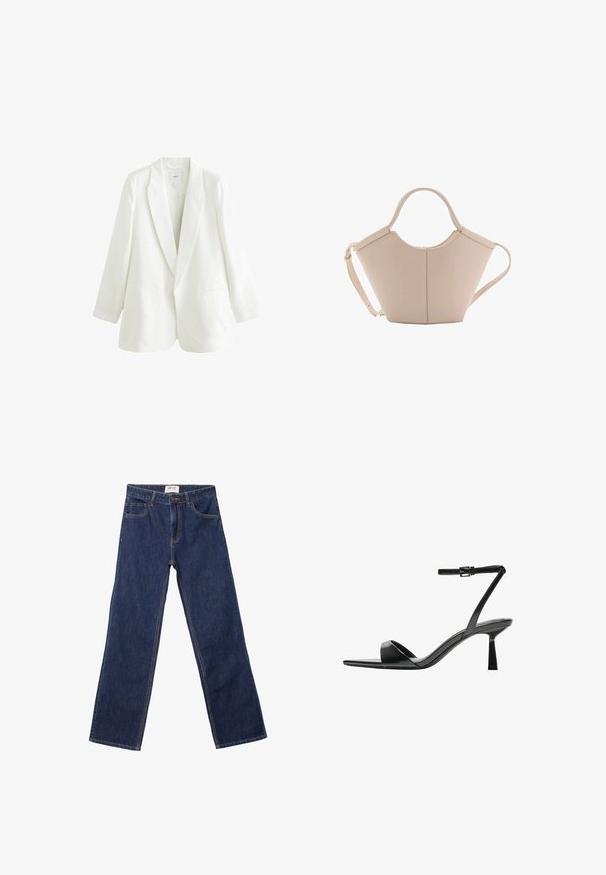 Blazer en lin blanc avec un revers en dents de scie, fermeture à un bouton, et deux poches avant. Présente une coupe légèrement surdimensionnée et des manches longues.; T-shirt blanc à manches courtes avec une coupe décontractée et une texture froncée à la taille. Fabriqué en tissu doux et léger.; Jean droit bleu foncé avec poches avant, passants de ceinture et fermeture à bouton.; Bershka Sandales à talons hauts - black; Sac à main en cuir beige avec une forme unique, doté de deux poignées courtes et d'une longue sangle réglable. Texture lisse avec un minimum de matériel.