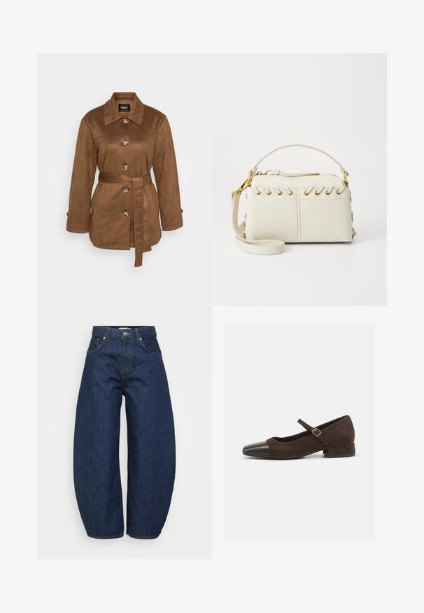Brown suede jacket with a collar, front buttons, and a tie belt. Features long sleeves and a smooth texture. Simple design.; Navy blue cropped sweater made of soft knit material. Features a round neckline and long sleeves with ribbed cuffs. Simple, sleek design.; Dark blue denim jeans with a wide, relaxed fit. Features a zip fly, four pockets, and contrasting stitching along seams.; Brown suede Mary Jane shoe with a black patent leather toe cap, adjustable strap, and a low block heel. Smooth texture with minimal accents.; White faux leather handbag featuring a top zipper, a short handle, and a removable crossbody strap with gold-tone hardware. Side lacing detail.; Silver hoop earring with a polished finish, featuring small gold accent details and a round shape, worn on the lobe.