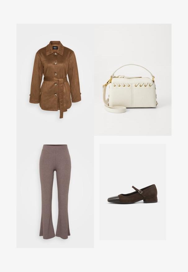 Brown suede jacket with a collar, front buttons, and a tie belt. Features long sleeves and a smooth texture. Simple design.; Navy blue cropped sweater made of soft knit material. Features a round neckline and long sleeves with ribbed cuffs. Simple, sleek design.; Brown ribbed flared trousers with a high, stretchy waistband and a soft texture, featuring a subtle vertical pattern throughout.; Brown suede Mary Jane shoe with a black patent leather toe cap, adjustable strap, and a low block heel. Smooth texture with minimal accents.; White faux leather handbag featuring a top zipper, a short handle, and a removable crossbody strap with gold-tone hardware. Side lacing detail.; Silver hoop earring with a polished finish, featuring small gold accent details and a round shape, worn on the lobe.