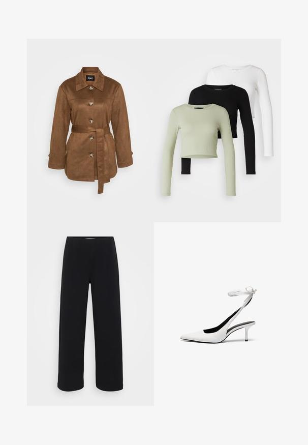 Brown suede jacket with a collar, front buttons, and a tie belt. Features long sleeves and a smooth texture. Simple design.; Even&Odd Petite 3 PACK - Long sleeved top - black/white/light green; Black wide-leg pants with an elastic waistband. Made from a textured material, featuring a loose fit and straight cut from hips to hem.; White pointed-toe slingback heels with a thin ankle strap. Smooth leather material, thin stiletto heel, and a black interior lining.