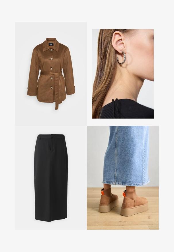 Smeđa suknjica od suedes kože s ovratnikom, prednjim dugmadima i remenom. Ima duge rukave i gladak materijal. Jednostavan dizajn.; Even&Odd Petite 2 PACK - Top - light grey/black; Crna olovka suknja, do koljena, izrađena od glatkog materijala. Ima prorez na stražnjoj strani i bočne džepove, s jednostavnim dizajnom i neutralnom bojom.; Smeđe suede platform čizme s elastičnim bočnim panelima i narančastim vučnim trakama, uparenim s suknjom od svijetlog denima do koljena na drvenom podu.; Srebrna kružna naušnica s poliranim završetkom, koja ima male zlatne detalje i okrugli oblik, nošena na uhu.