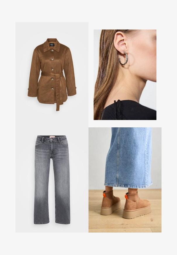 Brun mockaskinnjakke med krage, frontknapper og belte. Har lange ermer og en glatt tekstur. Enkel design.; Even&Odd Petite 2 PACK - Topper - light grey/black; Grå denimjeans med rett ben-design, fem-lomme stil, subtil falming, og knappelukking i midjen.; Brune semska plattformstøvler med elastiske sidepaneler og orange rekkehalser, parret med en knelange lys denimskjørt på et tregulv.; Sølv ringøredob med en polert finish, med små gull detaljer og en rund form, båret på øreflippen.