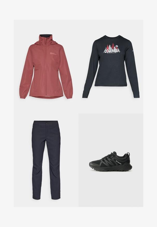 Jack Wolfskin STORMY POINT 2L JACKET - Giacca hard shell - red ochre; Maglietta a maniche lunghe grigia scura con una grafica di alberi rossi e montagne; logo "COLUMBIA" in caratteri bianchi in grassetto. Tessuto morbido, scollatura a girocollo standard.; Pantaloni blu navy realizzati in tessuto liscio, con chiusura frontale a bottone, design slim-fit e pieghe decorative sulle ginocchia.; Columbia PEAKFREAK - Scarpa da hiking - black