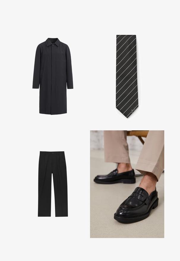 Langer schwarzer Mantel aus leichtem Material. Mit kragenförmigem Ausschnitt, vorderem Knopfverschluss und Seitentaschen. Glatte Textur, minimalistisches Design.; Weißes Langarmhemd mit Knopfleiste aus glattem Baumwollstoff. Verfügt über einen klassischen Kragen, eine saubere Vorderseite und geknöpfte Manschetten.; Schwarze Hose mit geradem Schnitt, aus einem glatten Stoff gefertigt. Verfügt über Vorderfalten und einen einzelnen Knopfverschluss an der Taille.; Schwarze Lederloafers mit glatter Oberfläche, ausgestattet mit einem dekorativen Riemen und Kontrastnähten, kombiniert mit beigen Hosen.; Schleife in Schwarz mit weißen diagonalen Streifen, aus glattem Stoff hergestellt. Sie hat eine spitze Spitze und ein kleines Logo in der unteren Ecke.