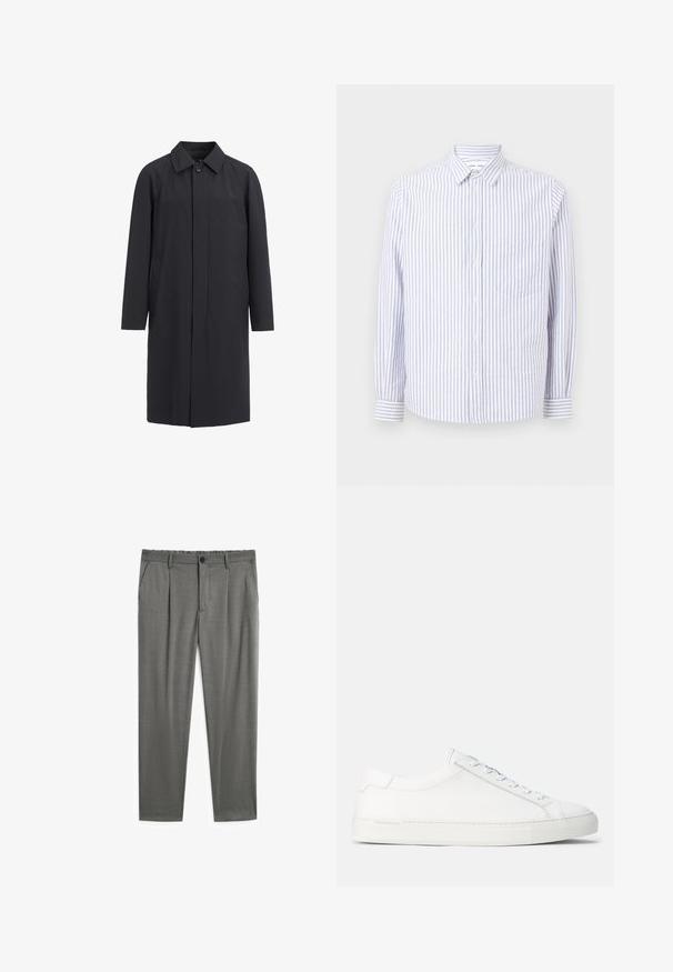 Long manteau noir en matériau léger. Doté d'un col, fermeture bouton sur le devant et poches latérales. Texture lisse, design minimaliste.; Chemise à rayures bleu clair et blanche. Dotée d'un col pointu, de manches longues et d'une poche poitrine unique. Tissu en coton.; Pantalon gris avec une texture lisse, doté d'une fermeture à bouton, d'une taille élastique et de deux poches latérales. Design ajusté avec des plis.; Baskets en cuir blanc avec une texture lisse, une forme arrondie, une semelle en caoutchouc plate et des lacets blancs. Présente un design minimaliste et une marque discrète.