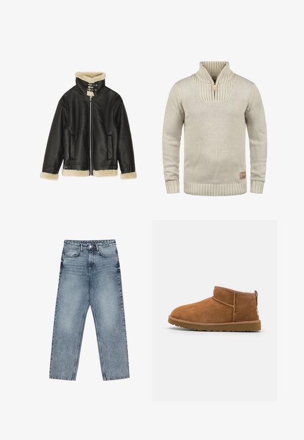 Jachetă neagră din piele cu guler și manșete din blană bej plușată. Are închidere cu fermoar frontal și două buzunare laterale. Design rezistent cu catarame.; Pulover tricotat bej, cu guler cu jumătate de fermoar, manșete și tiv ondulate. Prezintă un model texturat pe guler și un mic patch cu logo.; Jeans din denim de culoare albastru deschis, cu croială dreaptă, cusături vizibile, design cu cinci buzunare și închidere cu nasture la talie.; Botină antrenașă din suede bej, cu vârf rotund, detalii subtile de cusătură și o talpă din cauciuc texturată. Înălțime scurtă fără șireturi.