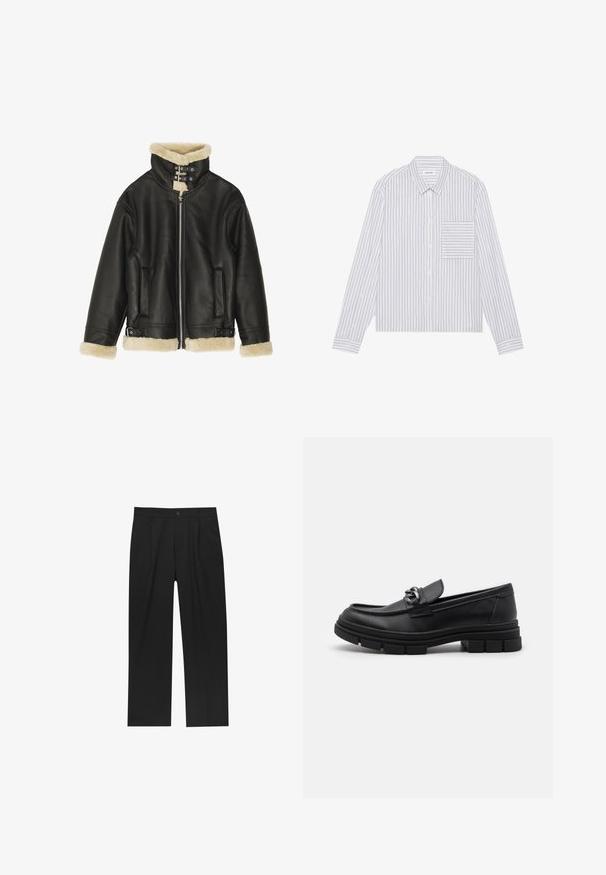 Musta nahkatakki, jossa on pehmeä beige karvareunus kauluksessa ja hihoissa. Takissa on edessä vetoketjusuljenta ja kaksi sivutaskua. Vankka malli, jossa soljet.; Valkoinen napillinen paita, jossa on ohuita harmaita pystyraitoja. Siinä on vasemmalla puolella rintatasku, klassinen kaulus ja pitkät hihat.; Mustat housut suoranlahkeisella muotoilulla, valmistettu sileästä kankaasta. Ominaisuuksiin kuuluu etupleateet ja yksi nappikiinnitys vyötäröllä.; Musta nahkaloaferi pyöreällä varvalla, koristeellisesti varustetulla hihnalla ja metalliosilla sekä paksulla, teksturoidulla pohjalla. Sileä pinta hienovaraisin yksityiskohdin.