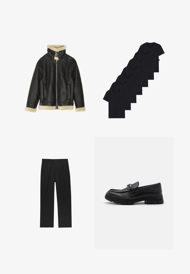 Zwarte leren jas met een zachte beige schapenvachtkraag en manchetten. Voorzien van een ritssluiting aan de voorkant en twee zijzakken. Stevige uitvoering met gespen.; Set van acht zwarte katoenen T-shirts met korte mouwen en een ronde hals, met een eenvoudige uitstraling en een zachte textuur.; Zwarte broeken met een recht model, gemaakt van een gladde stof. Voorzien van een voorplooien en een enkele knoopsluiting bij de taille.; Zwarte leren instapper met een ronde neus, een decoratieve band en hardware, en een chunky, gestructureerde zool. Glad afwerking met subtiele details.