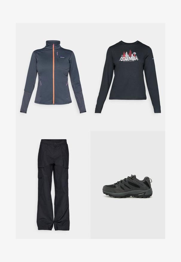 Tamna siva jakna od flisa s narandžastim prednjim kopčanjem i ružičastim detaljima na zatvaraču, s visokim ovratnikom i teksturiranim uzorkom tkanine.; Majica dugih rukava tamnosive boje s grafikom crvenih drveća i planina; logo "COLUMBIA" u podebljanom bijelom tekstu. Mekana tkanina, standardni okrugli izrez.; Columbia BREA FALLS™ COTTON RIPSTOP PANT - Hlače za otvoreno - black; Columbia REDMOND - Obuća za pješačenje - black/citron haze
