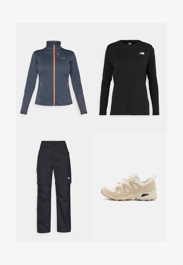 Sötét szürke polár zipzáras dzseki narancssárga elülső zipzárral és rózsaszín zipzár részletekkel, magas gallérral és textúrált szövetmintázattal.; Fekete, hosszú ujjú póló pamutból, kerek nyakkal. A bal mellrészen egy kis fehér logó található. Egyszerű dizájn és szabás.; Fekete nylon zipzáras cargo nadrág állítható mandzsettával, több zsebbel és logóval a jobb lábon. Simább, könnyű textúra.; Beige és krém színű sportcipő, texturált hálós felsőrésszel, támogató burkolattal és gumitalppal, amely tapadás érdekében bordázott mintázattal rendelkezik.