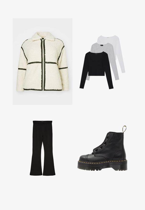 Casaco de lã branca com uma superfície texturizada, apresentando acabamentos pretos nas costuras, fecho éclair e um colarinho.; Três blusas de manga longa em preto, cinza e branco, com decote em V e um design cropped. Feitas de um tecido macio e leve.; Leggings pretos em flare feitos de um tecido elástico. Apresentam uma cintura larga e uma textura suave, com um silhueta ajustada que se alarga na bainha.; Bota de tornozelo em couro preto com superfície texturizada, bico redondo, fecho com atacadores, costura amarela e uma sola plataforma preta grossa e estriada.