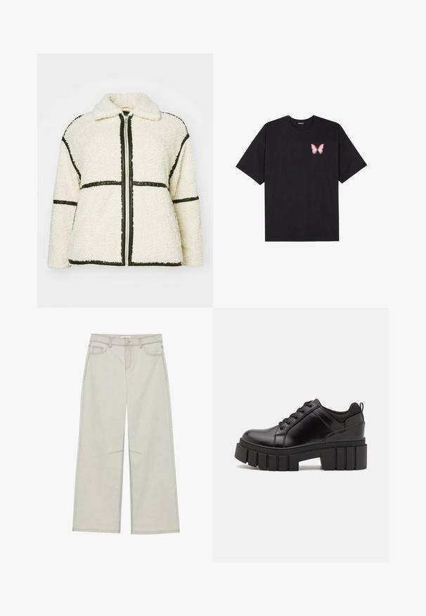 Balta pūkinė striukė su tekstūruota paviršiumi, su juodom apydangomis aplink siūles, užtrauktuku ir apykakle.; Juodas medvilnės marškinėliai trumpomis rankovėmis, su maža rožine drugelio grafika kairėje krūtinės pusėje. Apvalus kaklo iškirpimas, laisvas kirpimas.; Šviesiai pilkos plačios kelnės su penkiomis kišenėmis, priekyje užsegamos mygtuku ir su kontrastine siūle palei siūles. Audinys atrodo minkštas ir patvarus.; Juodi odiniai platformos batai su masyviu blokuota kulniuku, apvalia nosimi ir tradiciniu šnypštimo dizainu. Turintys glotnų paviršių ir minimalų dekoravimą.