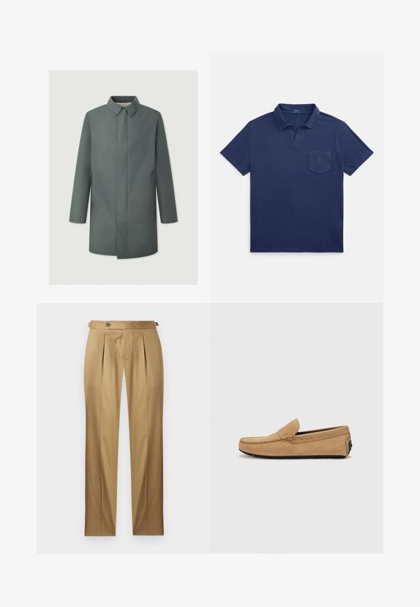 Cappotto grigio di media lunghezza con colletto strutturato, silhouette dritta e senza chiusure visibili, caratterizzato da tasche laterali e una texture liscia.; Polo blu navy in cotone, con colletto a risvolto, maniche corte e taschino sul petto con un piccolo dettaglio logo.; Pantaloni beige con vestibilità dritta, caratterizzati da pinces, chiusura con bottone e passanti per cintura. Tessuto liscio con un aspetto pulito e sartoriale.; Mocassino in suede beige con punta cucita, design slip-on e suola in gomma nera. Presenta un marchio discreto sul lato.