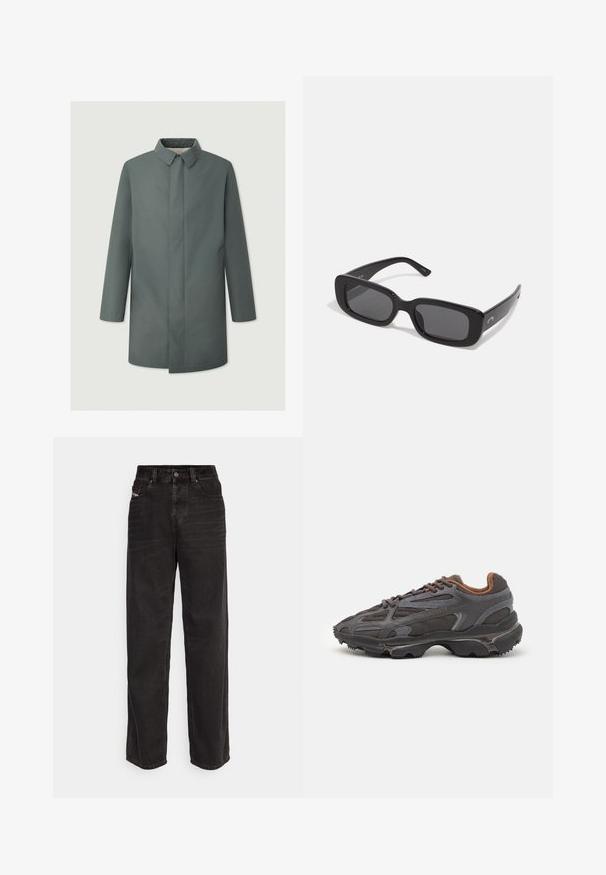 Grau, mantel in mittellangem Schnitt mit strukturiertem Kragen, gerader Silhouette und ohne sichtbare Verschlüsse, ausgestattet mit Taschen an den Seiten und einer glatten Textur.; Schwarzes Langarm-T-Shirt aus Baumwolle, mit Rundhalsausschnitt und einem kleinen grünen, gestickten Krokodil-Logo auf der linken Brust.; Schwarze Jeans-Breitbeine mit hoher Taille, vorderem Knopfverschluss, zwei seitlichen Taschen und dezenten Steppdetails.; Lacoste Sneaker in Dunkelgrau aus Mesh und Synthetikmaterial, mit einer strukturierten Sohle und braunen Akzenten am Kragen und Logo.; Schwarze rechteckige Sonnenbrille mit dunklen Gläsern, glatten Kunststoffrahmen und breiten Bügeln. Dezente Markenkennzeichnung an der Seite.