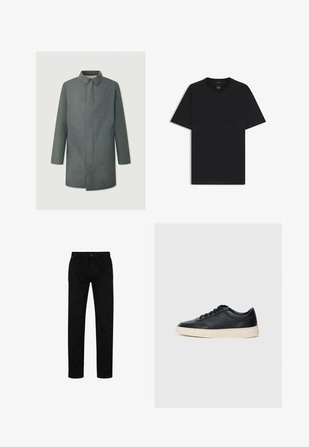Cappotto grigio di media lunghezza con colletto strutturato, silhouette dritta e senza chiusure visibili, caratterizzato da tasche laterali e una texture liscia.; Maglietta nera a maniche corte realizzata in un morbido misto cotone, con scollatura a girocollo e un design minimalista senza motivi o dettagli.; Pantaloni di cotone neri con vestibilità dritta, dotati di chiusura con bottone, passanti per cintura e design minimalista. Texture liscia, senza fantasie.; Sneaker in pelle nera a basso profilo con lacci neri e suola avorio, mostrato di profilo su sfondo bianco.