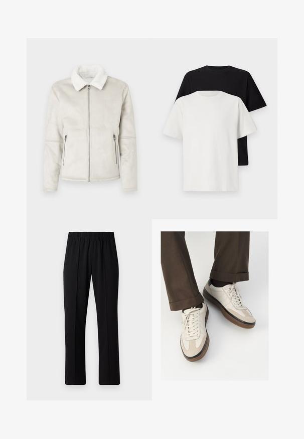 Giacca in eco-pelle grigio chiaro con colletto in shearling bianco, zip frontale e due tasche laterali con zip. Tessuto liscio e vestibilità su misura.; Set di t-shirt in cotone composto da una maglietta nera e una bianca, entrambe con maniche corte, scollatura rotonda e vestibilità standard. Tessuto testurizzato.; Pantaloni neri con vita elasticizzata e design a gamba dritta, caratterizzati da una texture liscia e senza motivi o hardware visibili.; Sneakers beige con una parte anteriore in suede testurizzato, lati in pelle liscia e una suola in gomma marrone. Inclusi lacci e dettagli di cucitura leggera.