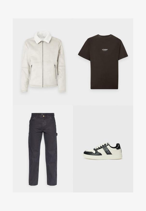 Giacca in eco-pelle grigio chiaro con colletto in shearling bianco, zip frontale e due tasche laterali con zip. Tessuto liscio e vestibilità su misura.; T-shirt in cotone nero con maniche corte e collo tondo, con il logo "JJ Studios" bianco al centro davanti. Tessuto liscio.; Pantaloni cargo grigio scuro realizzati in tessuto resistente, con un taglio dritto, cinque tasche e chiusura a bottoni in vita.; Sneakers in pelle con una combinazione di colori nero e crema, dotati di dettagli perforati, collare imbottito e suola testurizzata.