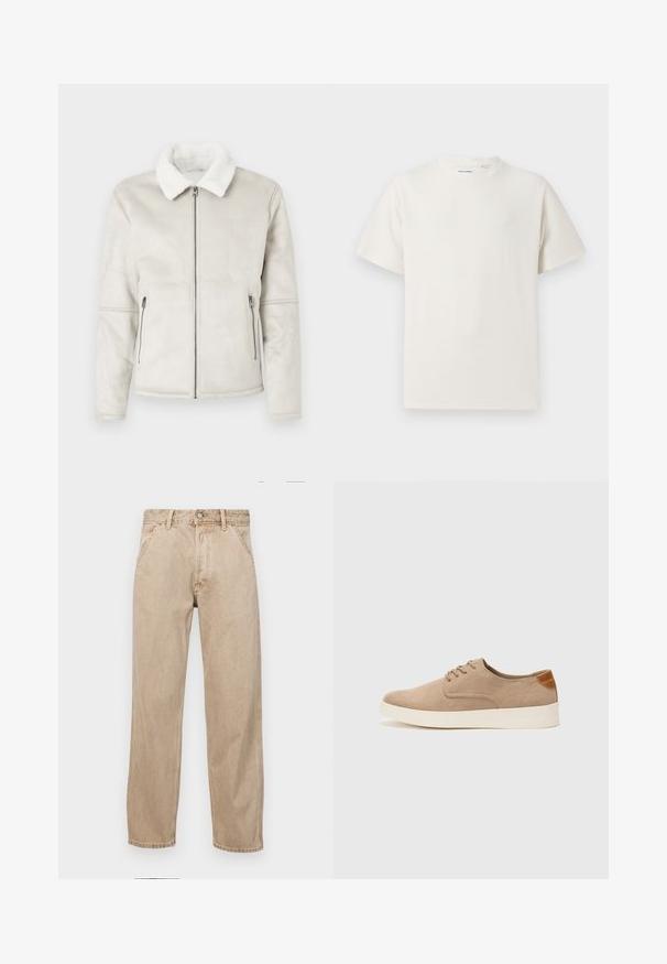 Svijetlo siva lažna kožna jakna s bijelim ovsenim kragnom, prednjim zatvaračem i dva bočna džepa sa zatvaračem. Glatka tekstura i prilagođen kroj.; Bijela kratka majica s kratkim rukavima u rebrastoj teksturi. Okrugli izrez, ležeran kroj, bez vidljivih uzoraka ili akcenta. Jednostavan i svestran dizajn.; Bež teksas traperice ravnog kroja, s prednjim džepovima, metalnim zakopčavanjem i suptilnom teksturom.; Bež nubuk tenisice s okruglim vrhom, vezanjem sprijeda i teksturiranim stražnjim naglaskom. Bijela gumena potpetica pruža kontrast. Jednostavan i moderan dizajn.