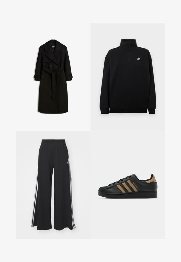 Črn plašč iz volnenega materiala, z dvojnim zapenjanjem spredaj, velikim ovratnikom, pasom in zavihanimi manšetami.; Črn pulover s četrtinskim zadrgo iz mehke tkanine, z visokim ovratnikom, rebrastimi manšetami in majhnim belim logotipom Adidas na prsih.; Črne široke trenirke z elastičnim pasom, ki imajo bele stranske proge in vezeno logo na levi stegna.; Črne usnjene superge s tremi rjavimi črtami, teksturiran zaščitni pokrov na prstih, vezalni sprednji del in ravno črna podplat. Vsebuje subtilen logotip na peti.