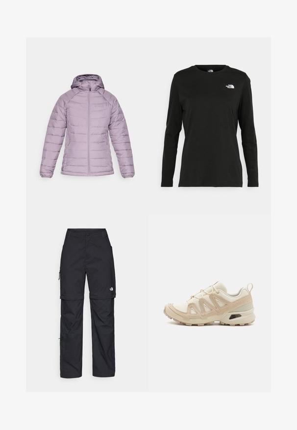 Šviesiai violetinė izoliuota pūkinė striukė su kapišonu, turinti priekinį užtrauktuką, spiralinės formos rankogalius ir siuvinėtas linijas, suteikiančias tekstūruotą dizainą.; Juodas ilgomis rankovėmis medvilninis marškinėliai su apvali apykakle. Savybė - mažas baltas logotipas kairėje krūtinės pusėje. Paprastas dizainas ir pritaikymas.; Juodos nailoninės krovinių kelnės su reguliuojamais rankovėmis, daugybe kišenių ir logo ant dešinės kojos. Lygi, lengva tekstūra.; Bežinės ir kreminės spalvos sportinės bateliai su tekstūruoto tinklelio viršutine dalimi, palaikančiomis detalėmis ir guminiais padais, turinčiais raštą, užtikrinantį sukibimą.