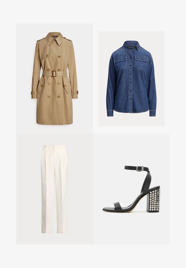 Casaco trench bege com design de dupla abotoação, botões grandes e cintura com cinto. Apresenta ombreiras e dois bolsos com aba. Textura lisa.; Camisa de ganga, cor azul escura, mangas longas, design abotoado, dois bolsos de peito com abas, costuras visíveis, ajuste descontraído.; Polo Ralph Lauren HEMP WIDE LEG PANT - Calças - nevis; Sandálias de salto em couro preto com tira no tornozelo. Apresentam uma ponta quadrada, textura suave e um salto quadrado decorado com tachas prateadas.