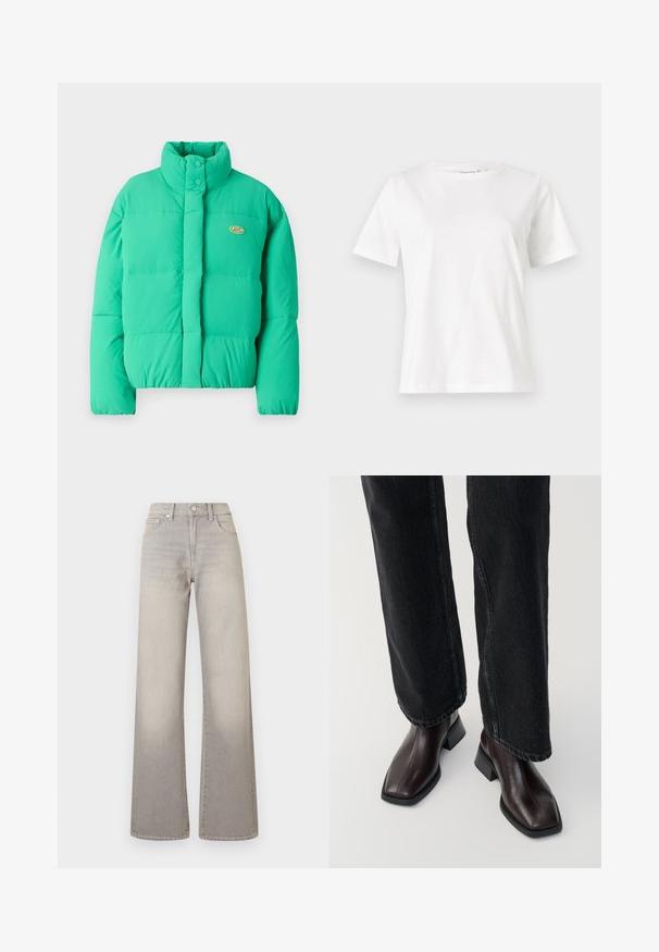 Casaco puffer verde com gola alta, fecho de botão de pressão e costura horizontal. Inclui um pequeno logótipo do lado esquerdo.; T-shirt de algodão branco com mangas curtas, decote redondo e um corte descontraído. Textura suave, sem padrões ou detalhes, design minimalista.; Jeans largos cinzentos com um acabamento desbotado, fecho de botão, design de cinco bolsos e detalhes costurados ao longo das costuras.; Botas de tornozelo em pele castanha com biqueira quadrada e salto bloco, combinadas com jeans pretos de perna larga. Textura suave e design minimalista.