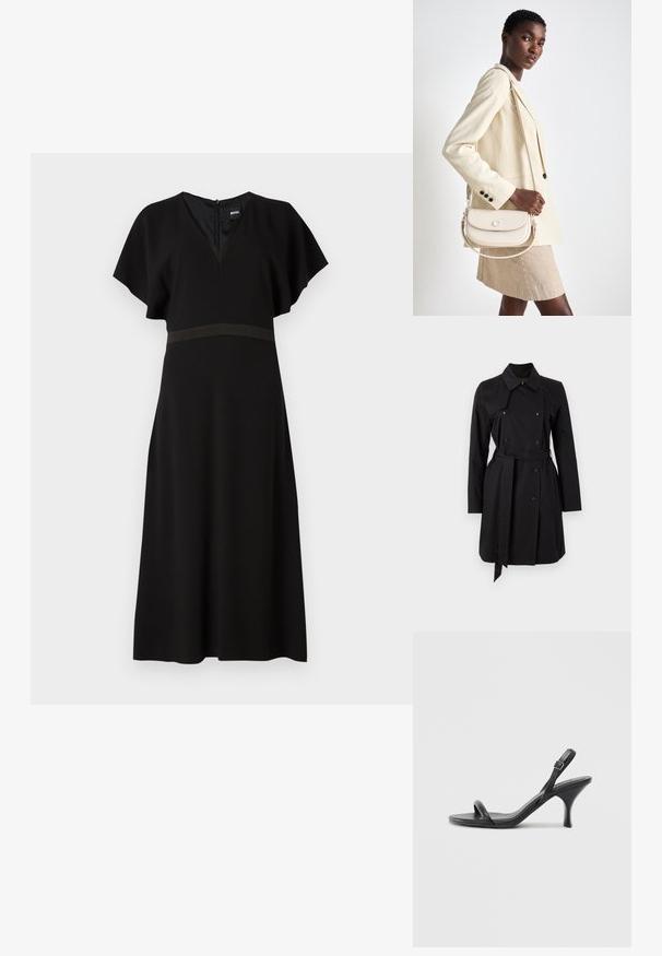 Fekete trench coat, dupla soros kialakítással, nagy gallérral és övvel. Simább anyagból készült, kiemelkedő gombokkal és két oldalsó zsebbel.; Fekete ruha V-nyakkivágással, rövid fodros ujjal és kontrasztos vízszintes csíkkal a deréknál. Simára eső anyagból készült.; Fekete bőrből készült, magassarkú szandál, vékony, ívelt sarokkal és keresztben átkötött pántokkal. Állítható bokapánt. Sima felület.; COACH EMMY SADDLE BAG 23 - Kézitáska - chalk