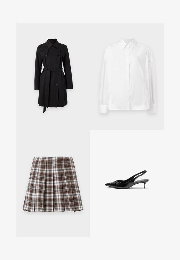 Cappotto nero a doppio petto con grande colletto e cintura. Realizzato in tessuto liscio con bottoni a vista e due tasche laterali.; Camicia bianca a maniche lunghe con bottone in un morbido mix di cotone. Presenta un colletto classico, chiusura frontale con bottoni e polsini arrotondati.; Gonna plissettata a quadri marrone e bianco con un design strutturato e una texture netta, caratterizzata da una vita alta e molteplici pieghe verticali.; Tacchi slingback in pelle nera con punta affusolata, piccolo tacco kitten e un dettaglio a nodo decorativo sulla parte anteriore. Texture liscia su tutta la superficie.