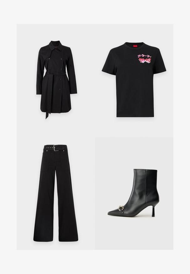Must noir mantel kahe ridadega disainiga, suure kraega ja vöödiga. Valmistatud siledast kangast, millel on silmapaistvad nööbid ja kaks külgetaskut.; Musthave musta T-särk lühikeste varrukatega, millel on vasakul rinnal roosa prillide graafika ja tekst "Not Your Girl".; Mustad laiad mustad püksid, mis on valmistatud puuvillast, kõrge vöökoha, suurte küljetaskute ja kumerate rihmadega, kus on hõbedased detailid.; Must mustanvärvi nahast pahklinetopp, millel on terav nina, peen keskmise kõrgusega konts ja hõbedane keha detail külgedel, taustal lihtne taust.