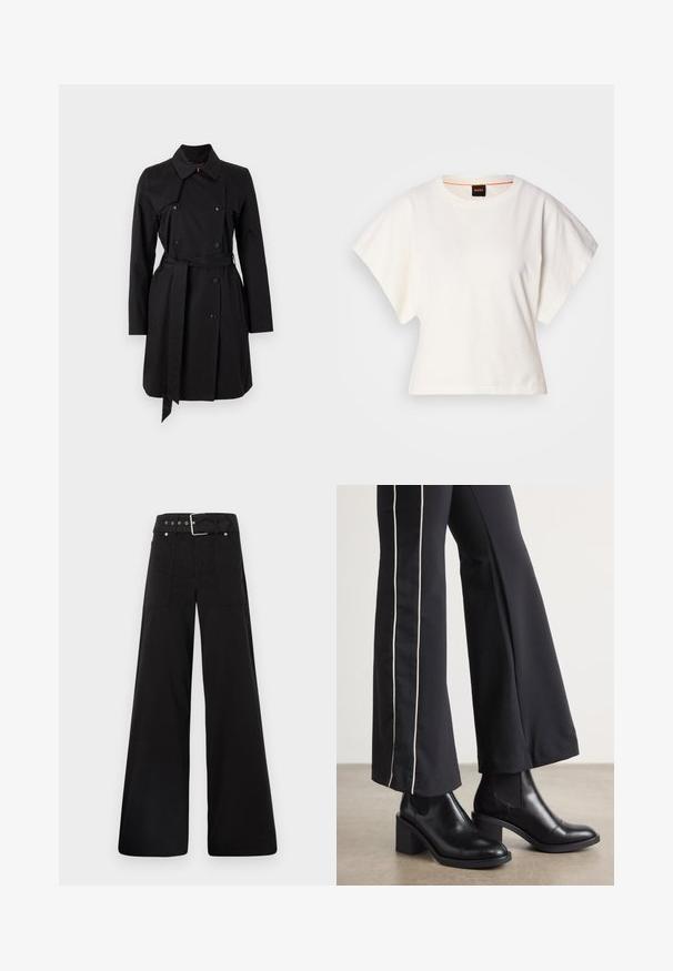 Juodas trench pal coat su dvigubo užsegimo dizainu, dideliu apykakle ir diržu. Pagamintas iš glotnaus audinio su ryškiais mygtukais ir dviem šoniniais kišenėmis.; Baltas trumpas marškinėliai, plačios trumpomis rankovėmis, minkšta medvilnė, apvali kaklo iškirptė su subtiliu oranžiniu apvadu, minimalus dizainas, be raštų ar grafikų.; Juodos plačios kojų kelnės, pagamintos iš medvilnės, su aukšta liemene, didelėmis šoninėmis kišenėmis ir diržu, papuoštu sidabriniais akcentais.; Juodi odiniai auliniai batai su plataus bloko kulnu, turintys elastines šonines dalis. Sukomplektuoti su juodomis kelnėmis, turinčiomis baltą šoninės juostą.