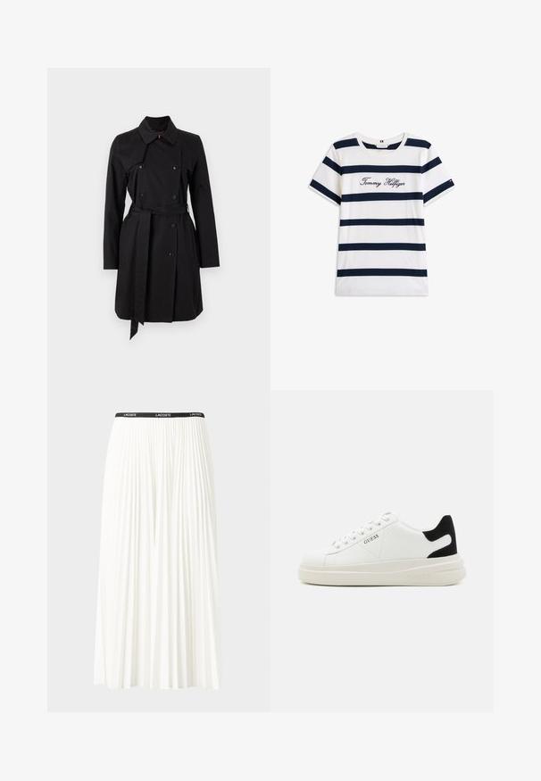 Čierny trenčkot s dvojradovým dizajnom, veľkým golierom a opaskom. Vyrobený z hladkej tkaniny s výraznými gombíkmi a dvoma bočnými vreckami.; Bavlnené tričko s horizontálnymi námorníckymi pruhmi na bielom pozadí. "Tommy Hilfiger" vyšívané kurzívou na hrudi. Okrúhly výstrih.; Plisovaná biela sukňa s čiernym elastickým pásom s logom "LACOSTE". Sukňa je stredne dlhá a má mäkkú textúru.; Biele kožené tenisky s hrubou bielou podrážkou, čiernym zamekom na päte a vyrazeným logom na boku. Šnurovací dizajn so šiestimi očkami.