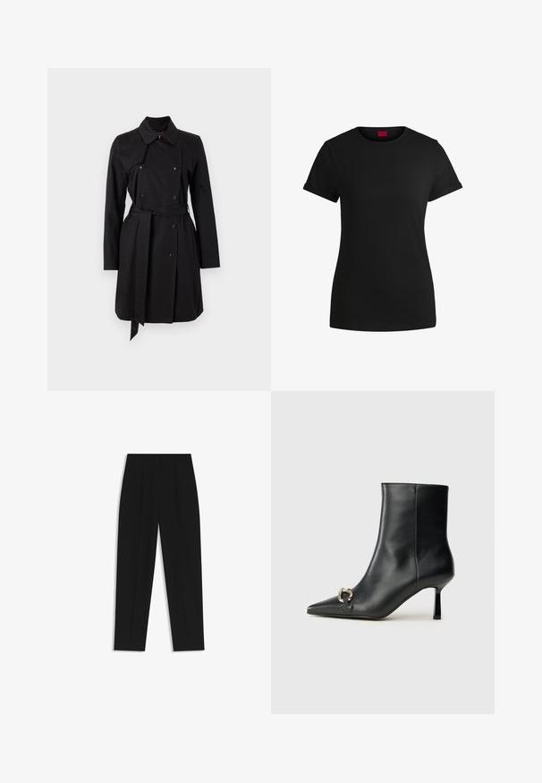 Abrigo negro de trench con diseño de doble botonadura, gran cuello y cinturón. Fabricado en tejido suave con botones prominentes y dos bolsillos laterales.; Camiseta de algodón negra con mangas cortas enrolladas, escote redondo y etiqueta roja. Textura suave, forma ajustada y con un detalle minimalista.; Pantalones negros de corte recto, con doble pinza, textura suave y un diseño de cinturilla clásica. Sin hardware o acentos visibles.; Botín negro de cuero hasta el tobillo con punta afilada, tacón delgado de altura media y detalle de hebilla plateada en el lateral, sobre un fondo liso.