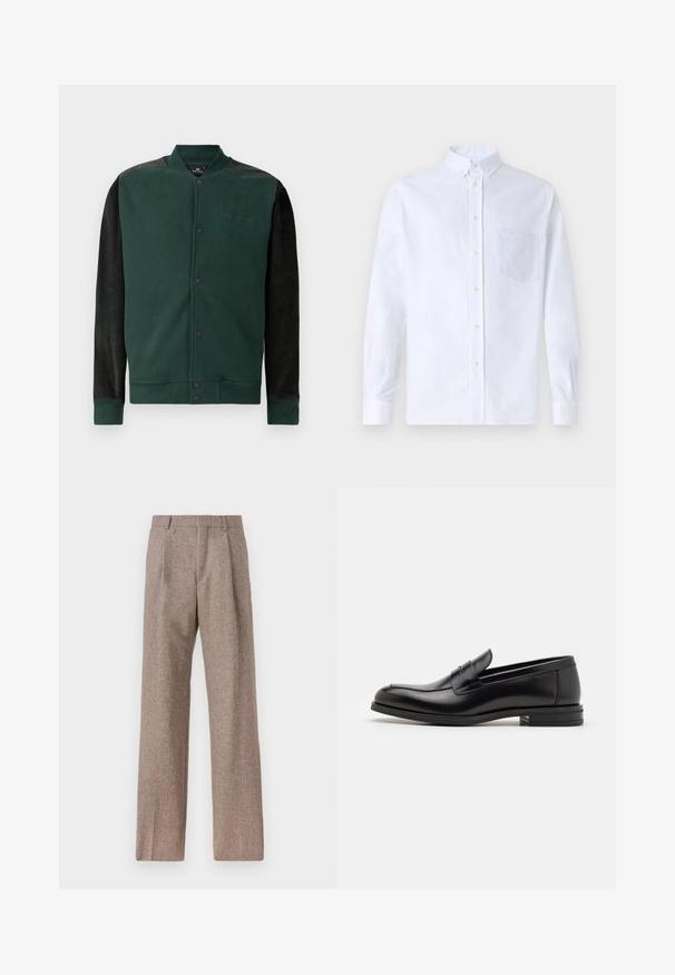 Roheline kapuutsiga jakkk, mille mustad varrukad; sisaldab nupuvajutusega sulgemist, rinnal logo ning soonikkoes mansetid ja hem. Pehme tekstuur.; Valge pikamaa varrukatega nööbiga särk, mis on valmistatud puuvillast ja millel on rinna tasku toon-toonis brodeeringuga, krae ja nööbiga mansetid.; Prunnid, kõrge vöökohaga püksid, mis on valmistatud tekstureeritud kangast. Omavad laiu jalgu ja kahte eesmist voldikut struktuuri jaoks. Korralik viimistlus, ilma nähtava riistvarata.; Mustad mustad nahast loafers sileda tekstuuriga, ümarat ninaosa ja dekoratiivne riba vampi üle. Madal kihiline konts, minimalistlik disain.
