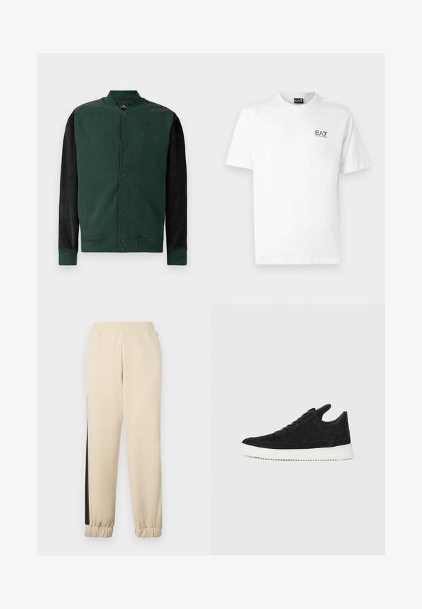 Žalias džemperis su juodomis rankovėmis; turi mygtukų užsegimą, logotipą ant krūtinės ir surauktas rankovių bei apačios kraštas. Minkšta tekstūra.; Baltas medvilnės marškinėliai su apvaliu iškirpimu, trumpomis rankovėmis ir juodu EA7 logotipu kairėje krūtinės pusėje. Lygus, vientisas tekstas.; Kremo spalvos sportinės kelnės su juodomis šoninėmis juostelėmis, elastingu juosmeniu ir ribotu rankogaliu. Minkšta medžiaga, laisvas siluetas.; Juodų suede sportbačių su balta gumine padu, su toniniais siuvinėjimais ir raištelių užsegimu. Sklandus paviršius su šiuolaikine, laiko forma.