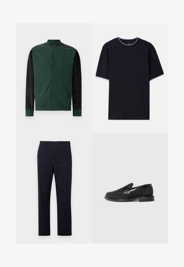 Grüne Sweatjacke mit schwarzen Ärmeln; hat einen Druckknopfverschluss, ein Logo auf der Brust und gerippte Bündchen und Saum. Weicher Stoff.; Dunkelblaues kurzärmeliges T-Shirt mit Rundhalsauschnitt, das an Kragen und Ärmeln mit hellblauen Akzenten versehen ist. Hergestellt aus weichem Baumwollstoff.; PS Paul Smith TROUSER - Chino - dark blue; Schwarzer geflochtener Slipper mit einem glatten Lederakzent im Obermaterial, einem runden Zehendesign und einer flachen Gummisohle.