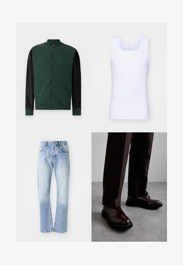 Zöld kapucnis dzseki fekete ujjal; patent gombos záródás, logó a mellkason, bordázott mandzsetták és hem. Puha tapintású.; Fehér pamut ujjatlan trikó kerek nyakkivágással, sima textúrával és testhezálló fazonnal, amelyet hétköznapi viseletre terveztek.; Világoskék farmernadrág egyenes szára. Öt zsebbel, gombos záródással és a szár alján halványos textúrával rendelkezik.; Barna bőrből készült, fényezett felületű, fűzős cipők, fekete gumitalppal és diszkrét varrásokkal. Csíkos barna nadrággal viselve.