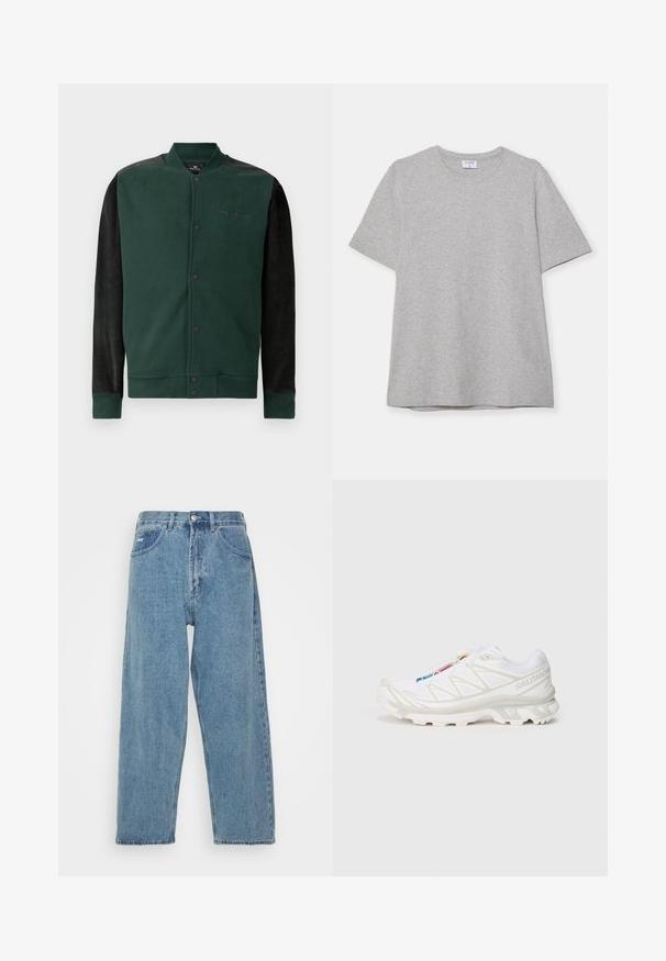 Groene sweatshirtjack met zwarte mouwen; heeft een drukknoopsluiting, een logo op de borst en geribbelde manchetten en onderrand. Zachte textuur.; Grijze T-shirt met korte mouwen, gemaakt van zacht, textuurstof. Heeft een klassieke ronde hals en een rechte zoom, geschikt voor casual dragen.; Lichtblauwe denim jeans met een hoge taille, ontspannen pasvorm, met twee zijzakken, een achterzak met patch en een knoopsluiting.; Witte sportieve schoen met een gestructureerde mesh bovenkant, reflecterende accenten en een gevoerde zool. Opvallend merklogo aan de zijkant.