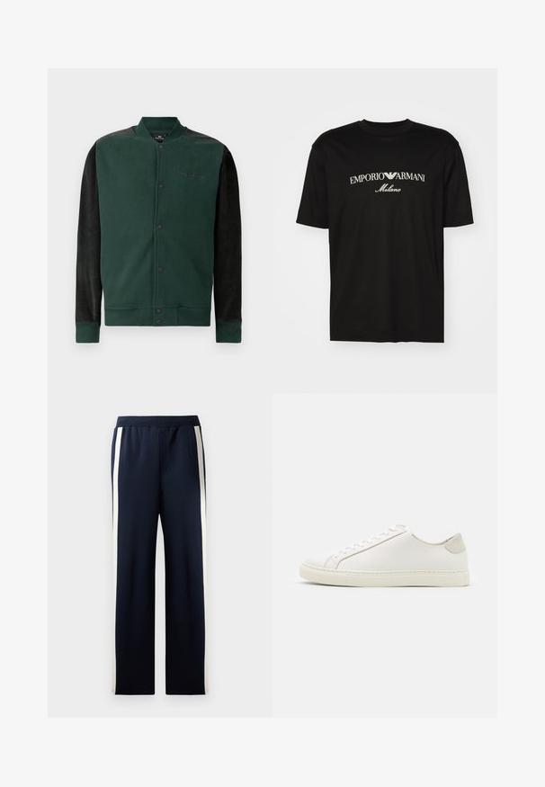 Žalias džemperis su juodomis rankovėmis; turi mygtukų užsegimą, logotipą ant krūtinės ir surauktas rankovių bei apačios kraštas. Minkšta tekstūra.; Juodas medvilninis marškinėliai su apvaliu iškirpu, trumpomis rankovėmis ir baltu "EMPORIO ARMANI" logotipu virš "Milano" kreivame dizaino.; Jūrų laivyno kelnės su plačia kojų forma, su vertikaliomis smėlio spalvos juostelėmis šoninėse dalyse. Pagamintos iš minkštos, tekstūrinės medžiagos, su elastinga juosmens juosta.; Baltos odinės sportinės avalynės, lygiu paviršiumi, apvaliu nosiu ir minimalistiniu dizainu. Su smėlio spalvos akcentais ant kulno ir guminis padas.