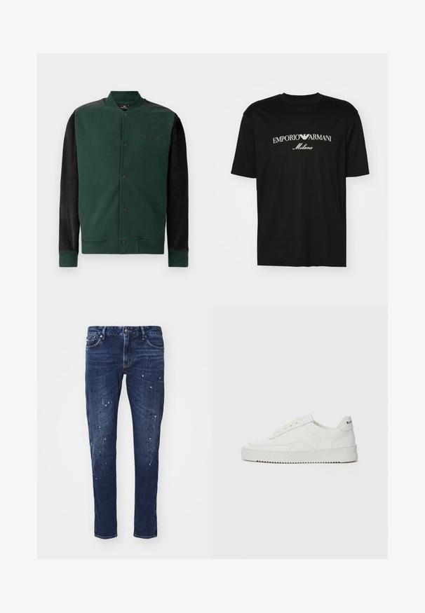 Veste sweat verte avec des manches noires ; dotée d'une fermeture à boutons-pression, d'un logo sur la poitrine et de poignets et d'un ourlet côtelés. Texture douce.; T-shirt en coton noir avec un col rond, des manches courtes et le logo "EMPORIO ARMANI" en blanc au-dessus de "Milano" dans un design incurvé.; Jean en denim bleu foncé avec une coupe slim, ornés de éclaboussures de peinture, de coutures visibles et d'un design standard à cinq poches. Coupe jambe droite.; Baskets en cuir blanc avec une finition lisse, bout arrondi, lacets plats et semelle texturée. Présente un logo discret sur le talon.