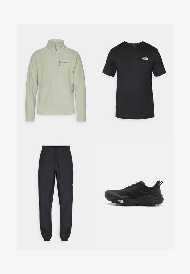 Casaco de fleece verde claro com gola alta, fecho na frente e dois bolsos laterais. Apresenta o logótipo da Columbia no lado esquerdo do peito e uma textura suave.; T-shirt preto de manga curta feito de algodão, com um decote redondo e um pequeno logótipo branco na parte superior esquerda do peito.; Calças atléticas pretas feitas de tecido leve, com um cós ajustável por cordão, bolsos laterais e punhos afunilados nos tornozelos.; Sapatilha de trail running preta com um upper texturizado, sola de borracha e biqueira reforçada. Possui um colarinho acolchoado e uma alça para facilitar o calçar.