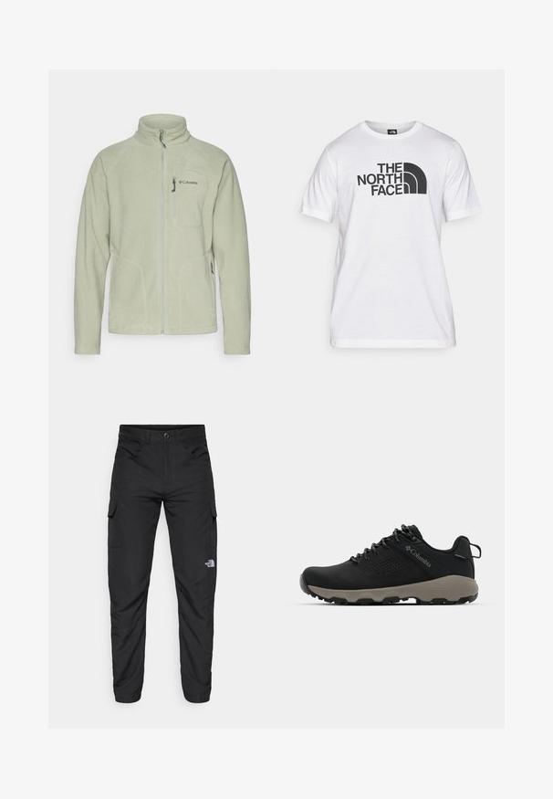 Giacca in fleece verde chiaro con colletto alto, zip frontale e due tasche laterali. Presenta il logo Columbia sul lato sinistro del petto e una texture liscia.; T-shirt bianca in cotone con stampa grafica nera che presenta testo e un design del logo curvo. Collo rotondo e maniche corte. Texture semplice.; The North Face HORIZON PANT - Pantaloni outdoor - black; Scarpa da trekking nera con tomaia liscia, design perforato, suola grigia e tallone rinforzato. Caratterizzata da lacci e un anello per una facile calzata.
