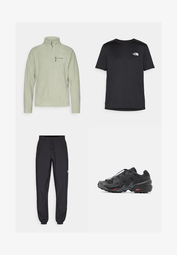 Heled roheline fliiskate, millel on kõrge krae, ees lukuga ja kaks küljetaskut. Vasakul rinnal on Columbia logo ja katte tekstuur on sile.; Must mustaöödiga must T-särk, mis on valmistatud kerge riidekanga. Esiküljel on vasakul rinnal väike valge logo ning õlgadel on peened aktsendid.; Mustavad sportlikud püksid, mis on valmistatud kergest kangast, joonlauaga taljest, küljetaskudega ja kitsenevate varrukatega pahkluude juures.; Mustad mustus jooksujalats sünteetilisest ülemisest, tekstuurse disaini ja kontrastsete punaste aktsentidega. Omab kinnitatud nöörisüsteemi ja karmist alaosa.