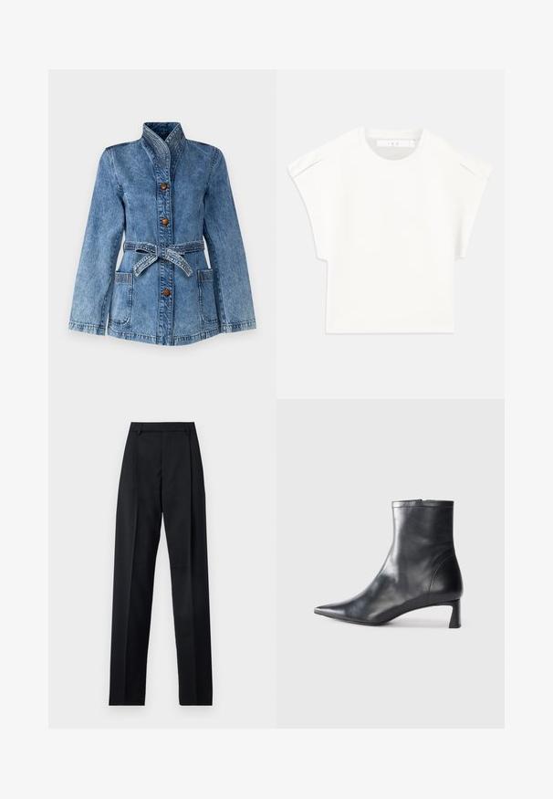 Denim jakna u svijetloplavoj boji s visokim ovratnikom, dugim rukavima, prednjim džepovima, zatvaranjem na dugmad i pojasom za prilagodljivu fit.; Bijela majica u kutijastom kroju s kratkim rukavima. Izrađena od glatkog materijala, sa okruglim izrezom i suptilnim naglascima na ramenima. Jednostavan dizajn.; Crne hlače od glatkog materijala s visokim strukom, širokim nogavicama, prednjim pregibima i klasičnim petljama za remen. Nema vidljivih bočnih džepova.; Crne kožne gležnjače s uskim vrhom i elegantnim dizajnom. Imaju niski potpetak i zatvaranje na patentni zatvarač straga. Glatka tekstura.