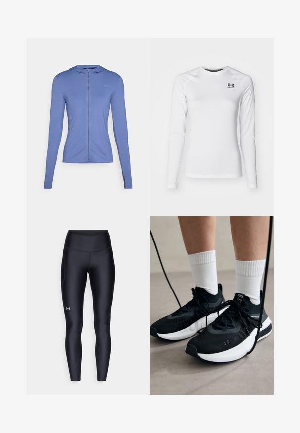 Mikina s dlouhým rukávem a zipem vpředu v světle modré barvě. Obsahuje texturovaný vzor a přiléhavý design s kapucí.; Dlouhý rukáv bílého sportovního trička vyrobeného z hladké tkaniny, s kulatým výstřihem a černým logem na horní levé části hrudníku.; Černé leginy vyrobené z hladkého, pružného materiálu s vysokým pasem. Obsahují bílé logo na levém stehně a mají přiléhavý střih.; Černé sportovní boty s texturovanou tkaninou, bílou podrážkou a černými tkaničkami. Nosené s bílými žebrovanými ponožkami, stojící na světlém povrchu.