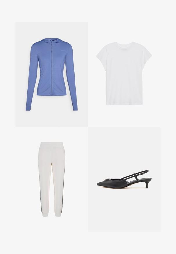 Hanorac cu mâneci lungi, cu fermoar în față, dintr-un material bleu deschis. Prezintă un model texturat și o croială ajustată, dotat cu glugă.; Tricou scurt alb, cu mânecă scurtă și guler rotund, cu o croială relaxată, realizat dintr-un material din bumbac moale. Textură netedă, fără modele sau logo-uri.; Pantaloni de jogger albi dintr-un material moale, cu un tiv ribat și dungi negre pe laterale, având un detaliu cu logo în față.; Pantofi slingback negri cu vârf ascuțit, realizați dintr-un material neted, având un toc mic și un accent decorativ argintiu pe pieptul piciorului.